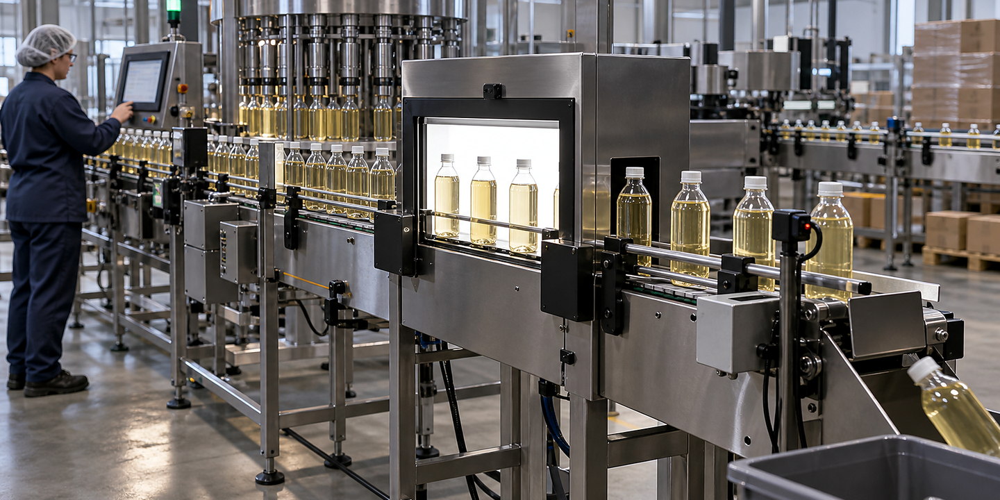 Filled bottles moving through a camera-based level inspection station with backlighting, reject device and operator HMI visible.